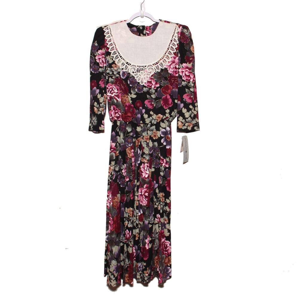 Vintage NEW Lisa II 80s Lace Collar Floral Dress Size 10 Puff Sleeve
